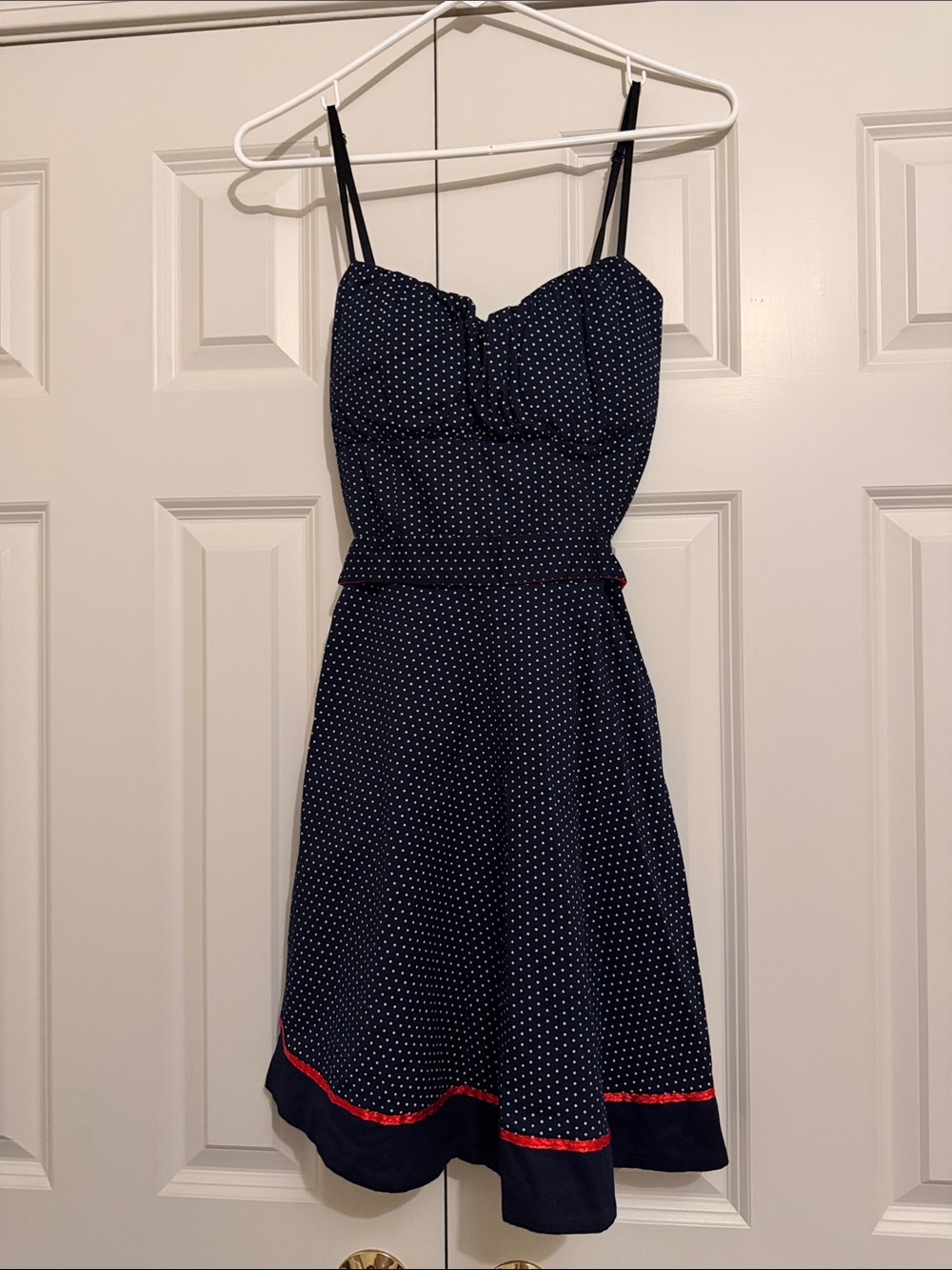 Navy Polka Dot A-Line Sundress with Red Trim